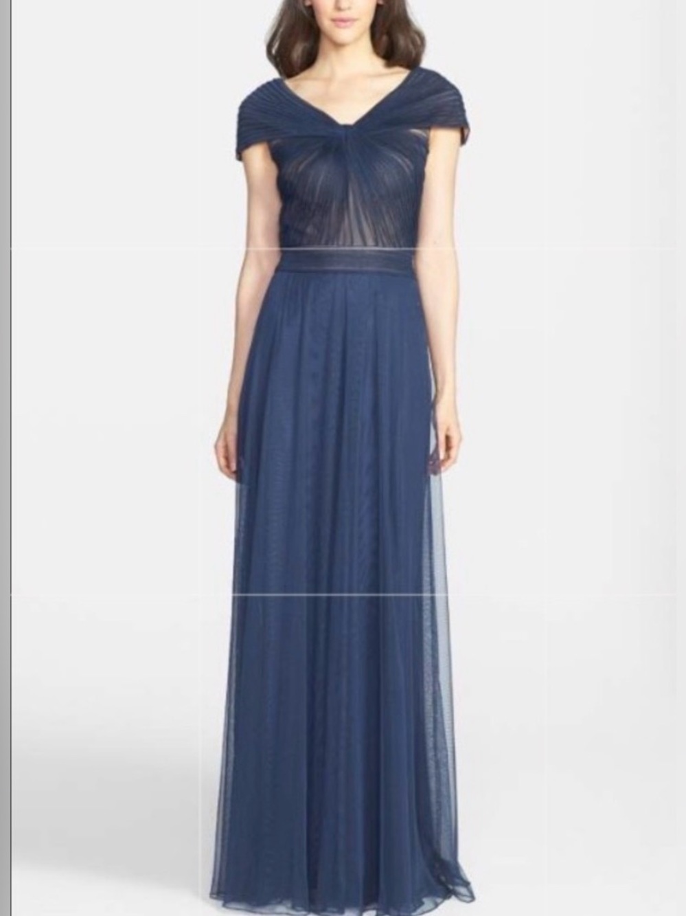 Tadashi Shoji Navy Blue Tulle Pleated Maxi Gown